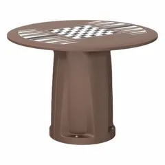 This polyethylene cylinder base table from CORTECH has a 42-inch diameter and includes a game top. It accepts ballast for stability, making it suitable for commercial or outdoor settings such as parks, patios, or break rooms. The brown finish complements various environments.