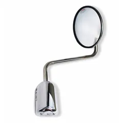 Round convex mirror designed for passenger vehicle side application. Aids in reducing blind spots during lane changes. Not heated, no indicator.