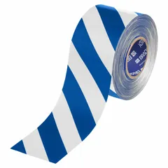 Blue/white striped floor marking tape for aisle, hazard zone, and storage area delineation. Polyester backing with 22 mil thickness provides extra durability in high-traffic industrial environments. 4 in width, 100 ft length.