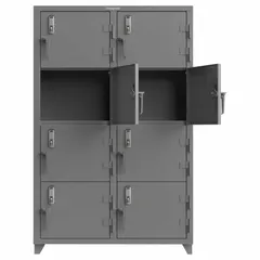 This freestanding steel locker cabinet provides secure storage for mobile devices such as tablets and laptops. It features 8 lockers arranged in 4 tiers and 2 units wide, each with a 24 in x 18 in compartment. The electronic keypad lock and swing handle offer access control. Suitable for schools, gyms, or workplaces.