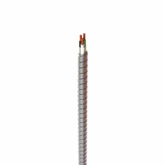 This low-profile metal-clad cable features two 12 AWG copper conductors with aluminum armor, supplied in a 1000-foot reel. It is used for branch and feeder wiring in commercial and industrial buildings, providing mechanical protection and reliable power distribution in exposed or concealed installations.