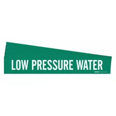 Green adhesive pipe marker with white legend text for identifying low-pressure water lines. Fits pipe outer diameters from 2-1/2 to 7-7/8 inches. Sold in a 5-pack without directional arrows. Used in industrial facilities for clear pipe labeling.