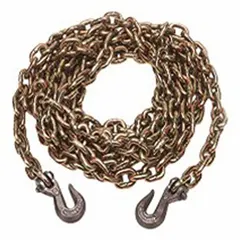 This 20 ft transport chain is made of welded carbon steel with straight links, weighing 1.36 lb per foot. It includes a grab hook for securing cargo during over-the-road or off-road hauling. Not for lifting applications.