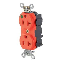 Specification grade, hospital grade duplex receptacle. Rated 125V AC, 20 A, 2 pole / 3 wire with NEMA 5-20R configuration. Red housing. Suitable for use in healthcare facilities and other environments requiring reliable power connections.