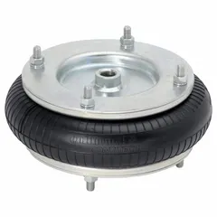 Adjustable air spring with single convolution chloroprene bellows. Compressed height 60 mm, extended height 120 mm. Delivers 11.1 kN at 6 bar. Features center attachment. Used for vibration isolation, actuation, and load lifting in industrial machinery such as presses, conveyors, and packaging equipment.