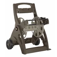 This plastic garden hose cart features a 15-inch diameter reel and two wheels for mobility. It holds up to 225 feet of 5/8-inch I.D. hose (not included) and supports a maximum operating pressure of 150 psi. Suitable for residential watering tasks such as lawn and garden irrigation