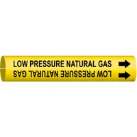 Snap-on pipe marker for identifying low-pressure natural gas lines. Yellow background with black legend text and directional arrows. Fits pipe outer diameters from 3/4 to 1-3/8 inches. Suitable for use in industrial facilities to mark gas piping