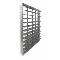 This wall-mount backdraft damper features double-panel aluminum construction with flat blades. Designed for vertical mounting, it supports horizontal airflow at a maximum velocity of 2500 fpm. Suitable for use with a 48-inch fan in ventilation systems to prevent reverse airflow.