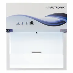 Fully assembled light duty ductless fume hood with blower, base/stand, and work surface included. Overall width 4 ft, height 32 in, depth 18 in. White finish. Filters airborne contaminants without external ducting for low-hazard fume containment in laboratory and educational settings.