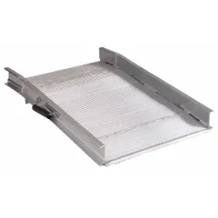 This aluminum ramp in gray finish provides a 44-inch long by 29-inch wide rolling surface for platform trucks, hand trucks, and carts to traverse curbs, steps, or raised thresholds. It is universally compatible with various equipment and supports a 3000 lb load capacity.