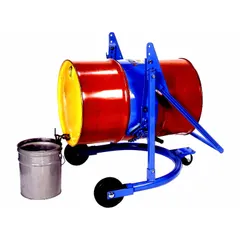 This rotating and dispensing drum truck is designed for handling 55 gal drums with an 800 lb weight capacity. It features a metal body and a chain mechanism for secure drum control. The unit is finished in blue. Typical applications include transporting and dispensing contents from standard steel drums in industrial and warehouse settings.