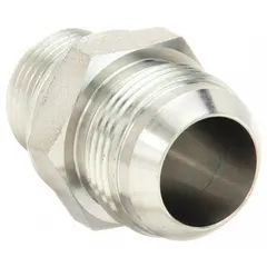 This steel hydraulic hose adapter features a male x male configuration with Metric x JIC connection types. It is a rigid, straight adapter designed for connecting NPTF-to-NPTF systems in industrial hydraulic applications where metric and JIC threaded components need to be joined.