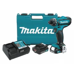 The Makita FD10R1 is a brushed cordless screwdriver from the LXT® series with a 1/4-inch drive. It delivers a torque range of 0 to 250 in-lb, suitable for general fastening tasks in construction, assembly, and maintenance applications.