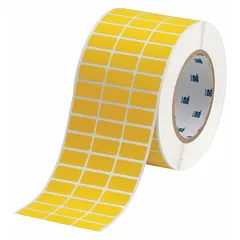 Precut wraparound label roll measuring 1/2 in x 1 in, made of polyvinyl fluoride with black-on-yellow printing. Compatible with BBP81 printer series and requires IP-R4307 ribbon. Used for durable identification in industrial environments such as labeling wires, cables, and equipment.