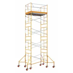 Fixed-height scaffold tower with a platform size of 120 in x 57 in, adjustable from 2 ft to 21 ft. Supports up to 2,000 lb and includes 32 in outriggers for stability. Constructed from aluminum, steel, and wood. Suitable for construction, maintenance, and industrial access tasks at height.