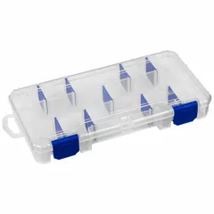 Clear plastic compartmented box with adjustable dividers for organizing small parts. Compartments measure 1-1/2 in x 1-1/4 in. Not electrostatic discharge conductive. Suitable for workshops, assembly lines, and craft storage.