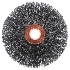 This light-cleaning brush is designed for carbon steel surfaces. It features a crimped steel fill of 0.01" and measures 1 1/2" in diameter by 1/4" in width with a 5/8" arbor. Suitable for removing rust, scale, and light burrs in metalworking and fabrication maintenance tasks.