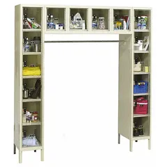 Rack-style clearview metal box locker unit with 6 tiers and 6 units wide. Assembled, tan finish, includes number plates. Suitable for secure personal storage in industrial workplaces, warehouses, and manufacturing facilities.