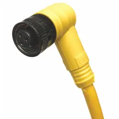 Single-ended cordset with 3 pins, 22 AWG wire size, and 6 ft yellow PVC cable. Features a 1/2"-20 female right-angle connector on one end and bare wire on the other. Rated IP68 for protection against dust and water immersion. Used for connecting sensors, actuators, and industrial devices in factory automation and process control applications.