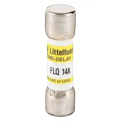The LITTELFUSE FLQ014 is a midget, time-delay cylindrical fuse rated at 14 A, 500 V AC, and 300 V DC. It measures 13/32 in x 1 1/2 in and is used for overcurrent protection in industrial equipment, such as motor starters and control transformers, where temporary inrush currents occur.