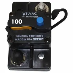 Flush mount automotive circuit breaker with blade terminal connection. Rated for 30V DC with a 3 kA interrupt rating. Provides overcurrent protection in 30V DC electrical systems for vehicles and equipment.