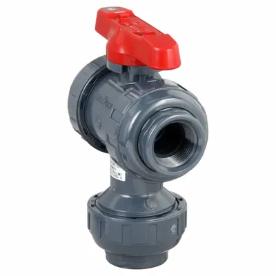 ASAHI Manual Three-Way Ball Valve: 1 in, PVC, 150 psi Max. Pressure (CWP), Full Port Ball Port - L-Port PVC Ball Valves