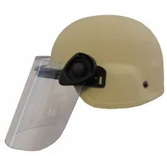 Level IIIA lightweight helmet with aramid shell and integrated Paulson face shield. Tan finish, size S, suspension system. Provides ballistic protection for security and tactical applications.