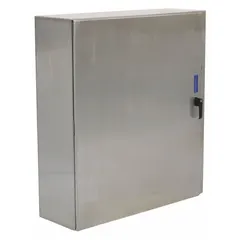 This 304 stainless steel enclosure measures 36 x 26 x 8 inches with a solid cover. Rated NEMA 12/13/3R/4/4X, it is suitable for indoor and outdoor applications requiring protection against dust, water, and corrosion. No knockouts are provided. Typical uses include housing electrical controls and instrumentation in industrial environments.