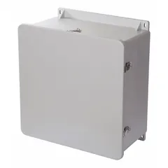 This WIEGMANN fiberglass enclosure measures 20 x 20 x 10 inches and features a hinged solid cover with padlock hasp closure. Rated NEMA 1/12/3R/4X/6P, it is suitable for indoor, outdoor, washdown, and submersible applications. Knockouts are not included. Typical uses include protecting electrical controls, instruments, and terminals in harsh environments.