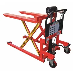 Manual high-lift pallet jack with steel forks, 44 in length and 27 in width. Features a foot pump lift control and raised handle type. Used for lifting and moving palletized loads in warehouses and distribution centers, allowing operators to raise loads to working height for ergonomic material handling.