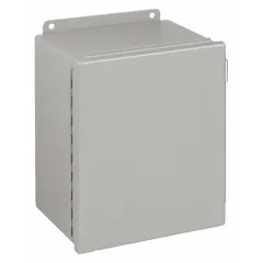 This WIEGMANN steel enclosure measures 14 x 12 x 8 inches and is rated NEMA 12/13 for protection against dust, dirt, and non-corrosive liquids. It features a solid hinged cover secured with screws and does not include knockouts. Suitable for indoor use in industrial environments to house electrical controls, terminals, and instruments.