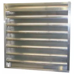 This combination damper and louver features drainable extruded aluminum blades in a hat channel frame. It is designed for HVAC systems requiring both airflow control and weather protection, with a maximum air velocity of 3,500 fpm. Suitable for commercial and industrial ventilation applications.