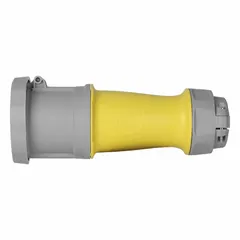 This LEVITON pin and sleeve connector is rated for 125/250V AC, three-phase, 100 A, with 3 poles and 4 wires. Designed for marine environments, it provides a weather-resistant connection suitable for high-amperage power distribution in docks, shipyards, and industrial facilities.
