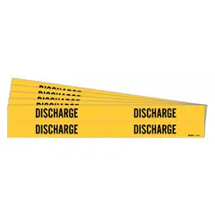 Yellow adhesive pipe markers with black legend reading 'Discharge', designed for pipe outer diameters from 3/4 to 2-3/8 inches. Each pack contains 4 markers without arrows. Used to identify discharge lines in piping systems, suitable for indoor or outdoor industrial environments.