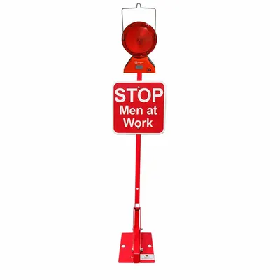 RAILHEAD GEAR Stop Men at Work Railroad Flag Sign with Lights, Red, Solar - Stop Men at Work Railroad Flag Signs with Lights