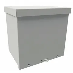 This WIEGMANN steel enclosure measures 18 x 18 x 8 inches and features a painted solid cover secured with screws. Rated NEMA 3R, it is suitable for indoor or outdoor use to protect electrical components from rain, sleet, and external ice formation. The padlock hasp allows for secure locking. Knockouts are not included.