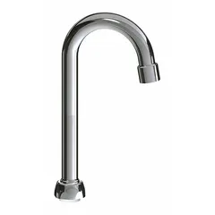 This gooseneck spout is constructed of brass with a polished chrome finish. It features a swivel design and a laminar flow outlet. Mounting hardware is included. Typical applications include commercial kitchens, laboratories, and industrial wash stations.