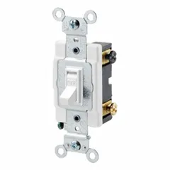 This double-pole toggle switch is maintained (non-momentary) and rated 15 A at 120/277V AC. It features a white finish and is non-illuminated. Suitable for controlling a single load from one location, it is commonly used in lighting or motor circuits requiring simultaneous disconnection of both hot conductors.