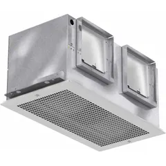 Single-speed commercial ceiling exhaust fan rated for 115V AC and 955 cfm maximum airflow at 5 sones. Features a rectangular duct connection, high-profile design, and white metal grille. Suitable for general ventilation in commercial and industrial spaces requiring continuous air exchange.