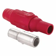 This female plug from the LEVITON 22 Series features a crimp tube termination and is rated for 600V AC/600V DC and 600A. The red color coding aids identification in high-current industrial electrical systems, such as power distribution and heavy machinery connections.