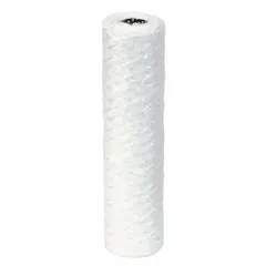 String wound water filter cartridge with glass fiber media for depth filtration. Rated at 10 gpm, 20 inches overall height. Suitable for general liquid filtration and pre-filtration applications requiring particulate removal. Supplied in a 6-pack.
