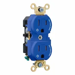 This duplex general purpose receptacle is rated 125V AC and 15 A with a NEMA 5-15R configuration, 2 poles and 3 wires. The blue housing is commonly used to identify isolated-ground or dedicated circuits. Suitable for powering standard 125V AC equipment in commercial and industrial environments.