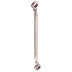 Nonsparking double-end box end wrench with 12-point openings. Head sizes are 1 in and 15/16 in with an offset design for clearance. Overall length is 14 3/4 in. Suitable for use in hazardous environments where sparking tools are prohibited.