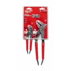 Self-adjusting tongue and groove pliers with flat jaw profile. Max jaw opening 1 to 2 inches; overall lengths 6 and 10 inches. Used for gripping and turning nuts, pipes, and fittings in plumbing, HVAC, and industrial maintenance.