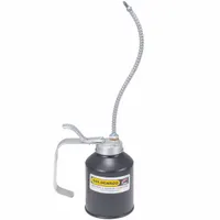 This lever-grip oil dispenser has a 12 fl oz capacity and a steel body with a powder-coated copper bronze finish. It includes an 8-inch flexible spout and a replacement spout. The straight and angle spout tips feature an oil cup cap lifter for precise lubrication of machinery bearings and moving parts