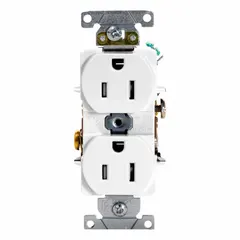General purpose duplex receptacle rated 125V AC, 15A, 5-15 configuration, 2 pole / 3 wire. White finish. Tamper-resistant shutters help prevent insertion of foreign objects. Suitable for use in residential, commercial, and institutional locations where code-compliant outlets are required.