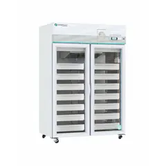 Upright blood bank refrigerator with 49 cu ft capacity, white swing glass door opening left and right. Maintains 1°C to 10°C temperature range using R-600a refrigerant. Features door ajar alarm. Overall depth 35 3/4 in. Suitable for storage of blood products in clinical and laboratory settings.