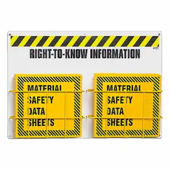 Wall-mount safety station for displaying hazard communication and right-to-understand information. Overall dimensions 29 in W x 20 in H x 5 in D. Includes mounting hardware for installation. Used in industrial facilities to organize safety signs and documents.