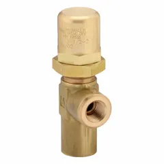 Hard-seat pressure control valve for hydraulic systems, used to limit or regulate pressure. Brass body with 1/2 in NPT ports. Flow capacity 10 gpm, maximum pressure setting 3200 psi.