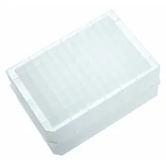 Non-sterile deep well plate with 96 wells, each 1.1 mL capacity, 125 mm diameter. Made of colorless polypropylene, RNase/DNase free. Used for high-throughput sample storage, processing, and assays in molecular biology and genomics workflows.